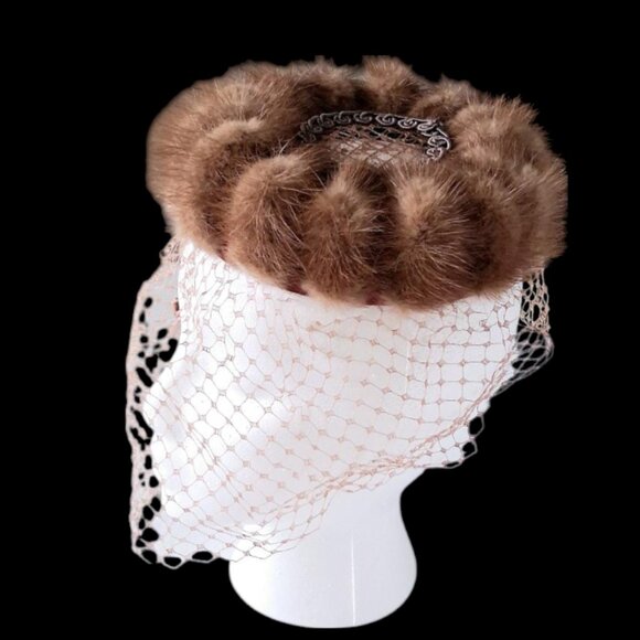 Mid-Century Vintage Beresford Netted Pillbox Hat Beige/Brown Mink - Picture 1 of 8